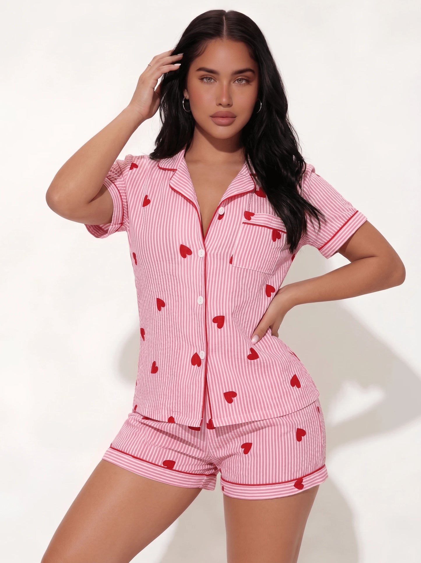 Snug League Conjunto de pijama de mujer con parte superior de manga corta con cuello de botones y pantalones