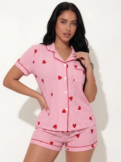 Snug League Conjunto de pijama de mujer con parte superior de manga corta con cuello de botones y pantalones