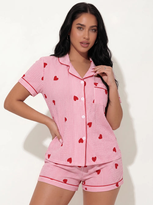 Snug League Conjunto de pijama de mujer con parte superior de manga corta con cuello de botones y pantalones