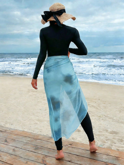 Swim Mulvari Conjunto de mono de manga larga de cuello redondo de unicolor y falda azul con cordón para mujer