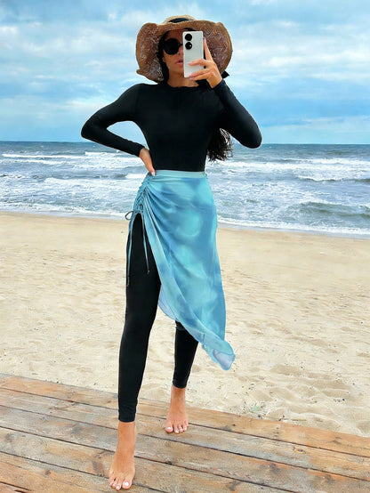 Swim Mulvari Conjunto de mono de manga larga de cuello redondo de unicolor y falda azul con cordón para mujer
