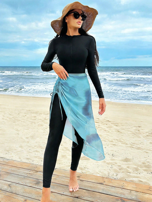 Swim Mulvari Conjunto de mono de manga larga de cuello redondo de unicolor y falda azul con cordón para mujer