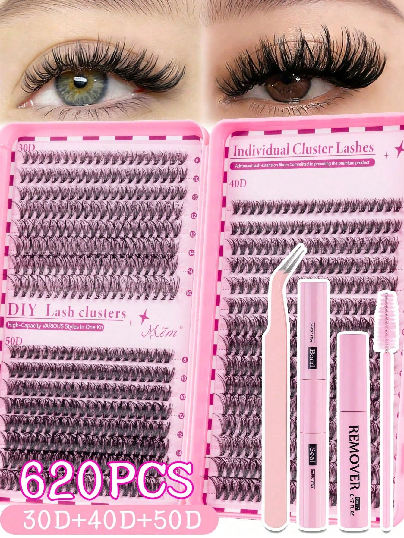 620 pièces Faux cils en grappe simple D Curl, kit d'extension de cils DIY, longueur mixte 8-16mm, comprend colle