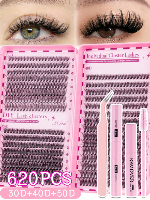 620 pièces Faux cils en grappe simple D Curl, kit d'extension de cils DIY, longueur mixte 8-16mm, comprend colle