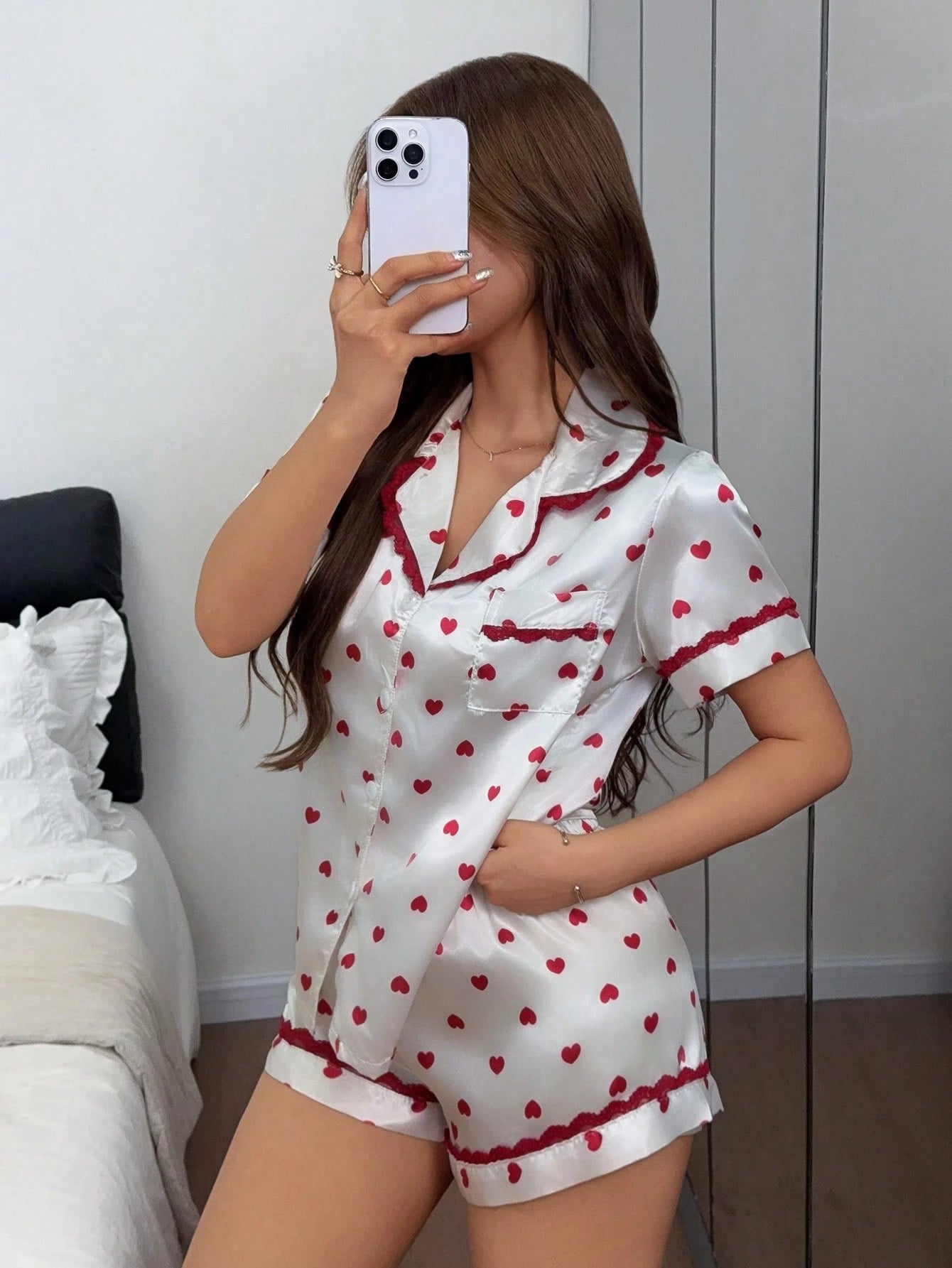 Dream Adore Women's Heart Print Faux Silk Pajama Set – Lace Trim, Open Collar, Short-Sleeve Top & Matching Shorts