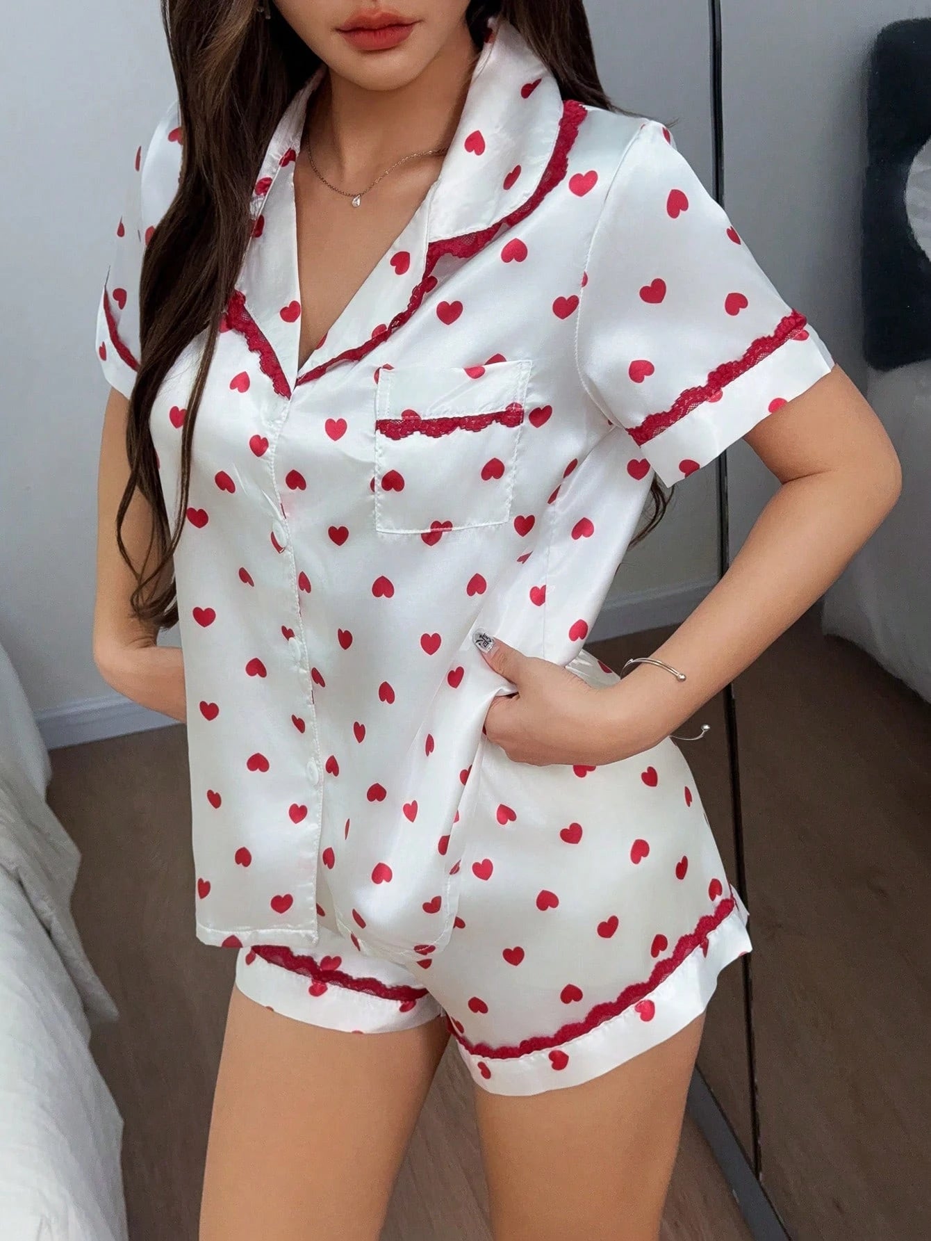 Dream Adore Women's Heart Print Faux Silk Pajama Set – Lace Trim, Open Collar, Short-Sleeve Top & Matching Shorts