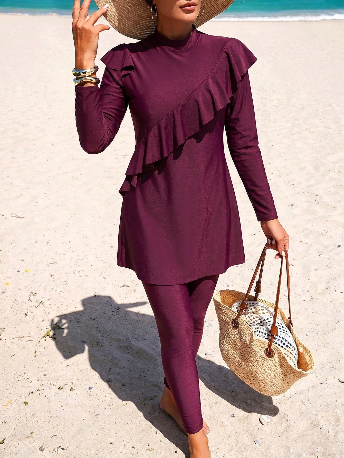 Swim Mulvari Full Coverage Summer Burkini with Ruffles for the Beach