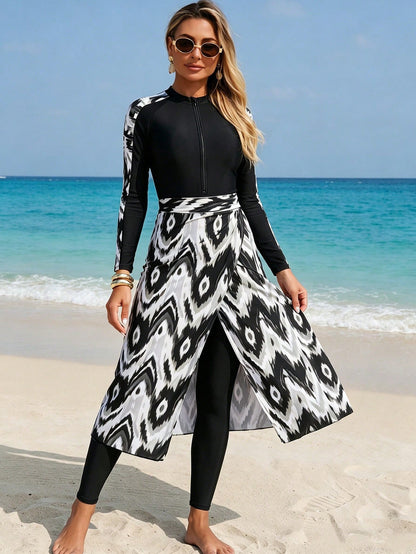 Swim Shayni Burkini de una sola pieza para mujeres con parches y estampados aleatorios