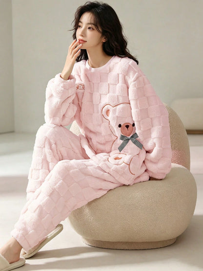 Pyjama en laine rayé mignon Ensemble de pyjama en flanelle de laine confortable avec motif d'ours