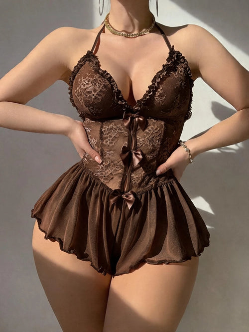 SHEIN Sexy Lace Ruffle Mesh Jumpsuit