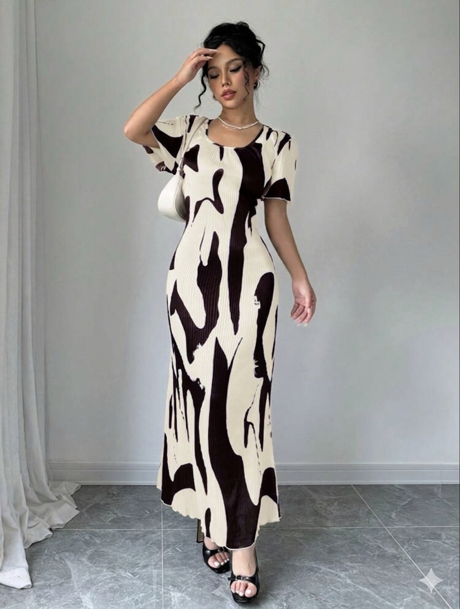Rafferiza Geo Print Square Neck Puff Sleeve Dress Maxi Women Outfit