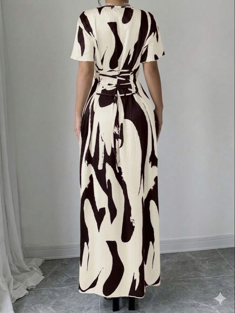 Rafferiza Geo Print Square Neck Puff Sleeve Dress Maxi Women Outfit