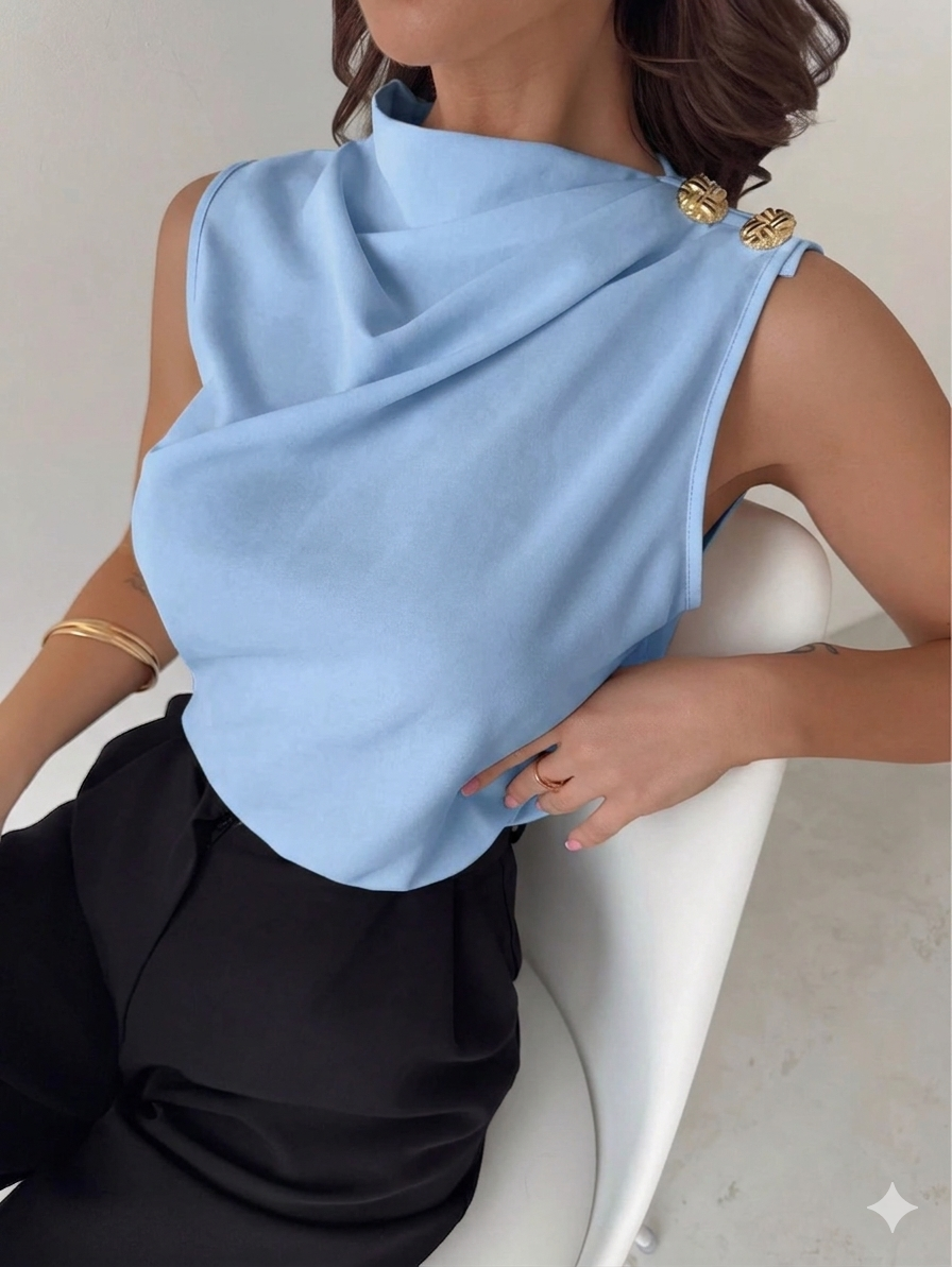 Firerie Elegant Asymmetric Pleated Collar Metal Button Sleeveless Fitted Dusty Blue Office Work Shirt