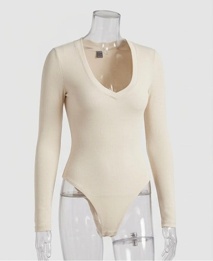 Ensemble de body en tricot uni, manches longues épousant la forme, col en forme de cœur pour femmes