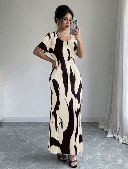 Rafferiza Geo Print Square Neck Puff Sleeve Dress Maxi Women Outfit