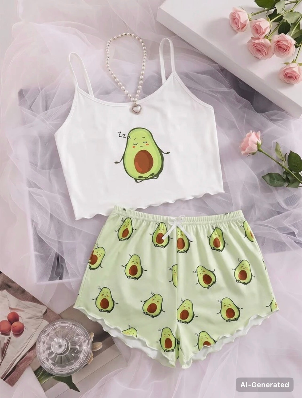 SHEIN MOD Cartoon Graphic
Lettuce Trim White Cami Top & Shorts PJ Set /
~ Pajama Set