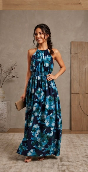 Women’s Halter Neck Floral Maxi Dress With Tiered Skirt And Smocked Waist