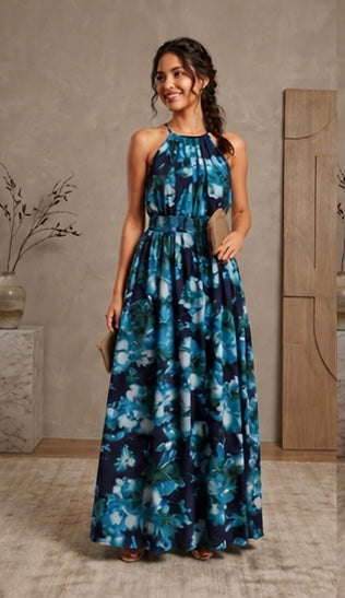 Women’s Halter Neck Floral Maxi Dress With Tiered Skirt And Smocked Waist