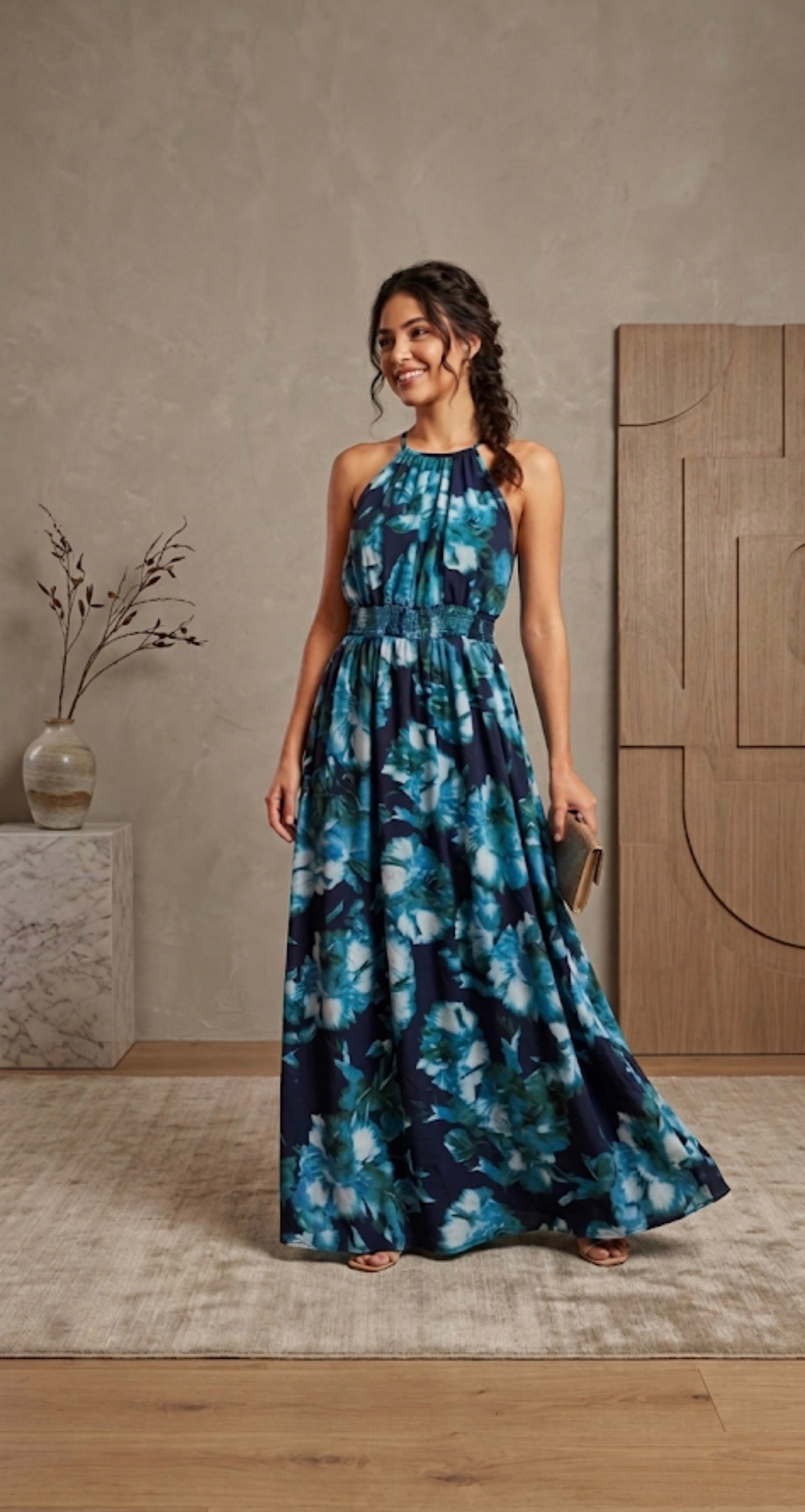 Women’s Halter Neck Floral Maxi Dress With Tiered Skirt And Smocked Waist