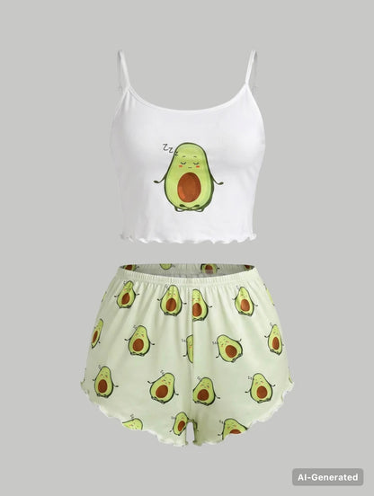 SHEIN MOD Cartoon Graphic
Lettuce Trim White Cami Top & Shorts PJ Set /
~ Pajama Set