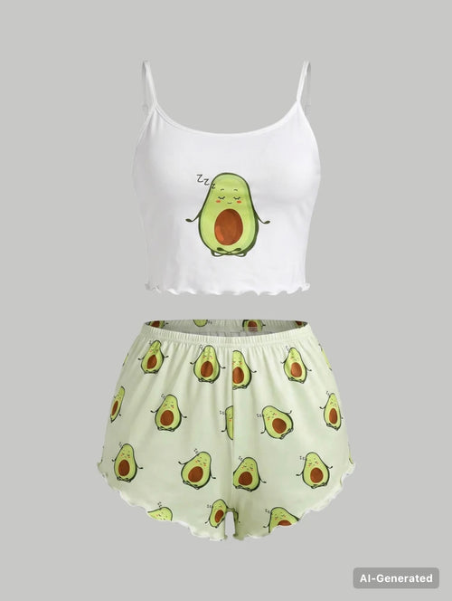 SHEIN MOD Cartoon Graphic
Lettuce Trim White Cami Top & Shorts PJ Set /
~ Pajama Set