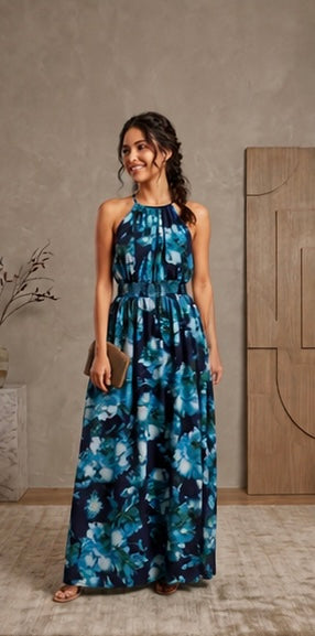 Women’s Halter Neck Floral Maxi Dress With Tiered Skirt And Smocked Waist