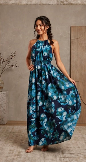 Women’s Halter Neck Floral Maxi Dress With Tiered Skirt And Smocked Waist