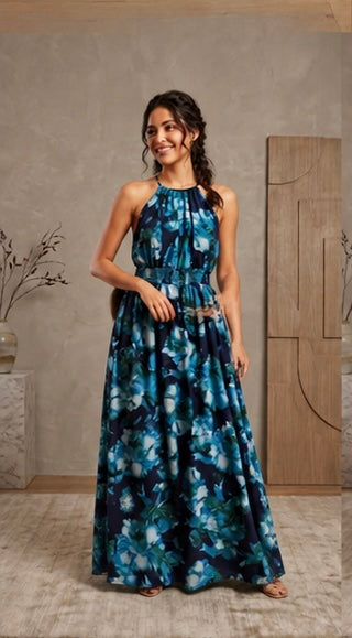 Women’s Halter Neck Floral Maxi Dress With Tiered Skirt And Smocked Waist
