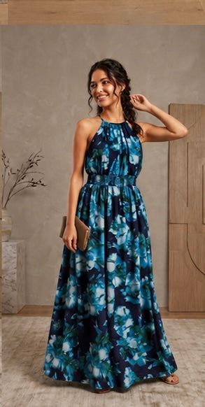 Women’s Halter Neck Floral Maxi Dress With Tiered Skirt And Smocked Waist
