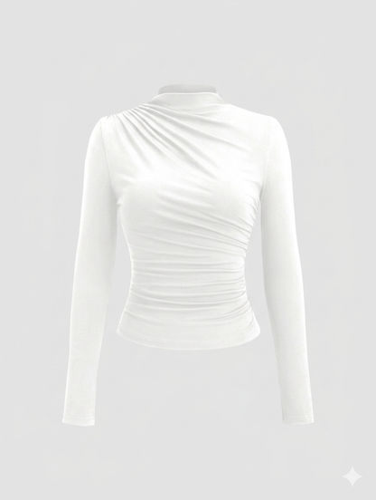 Sweetra Women's Plain Minimalist Casual Y2K Sexy Mock Neck Ruched Long Sleeve T-Shirt Fall Cloth For Women