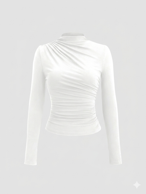 Sweetra Women's Plain Minimalist Casual Y2K Sexy Mock Neck Ruched Long Sleeve T-Shirt Fall Cloth For Women