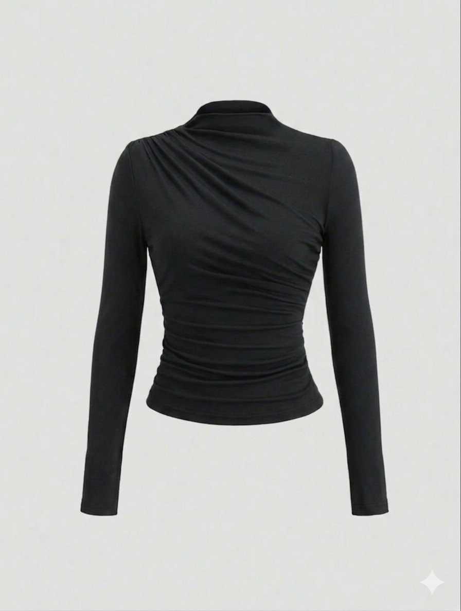 Sweetra Women's Plain Minimalist Casual Y2K Sexy Mock Neck Ruched Long Sleeve T-Shirt Fall Cloth For Women