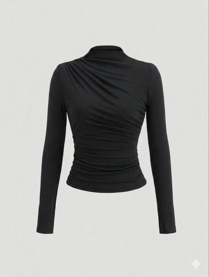 Sweetra Women's Plain Minimalist Casual Y2K Sexy Mock Neck Ruched Long Sleeve T-Shirt Fall Cloth For Women