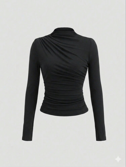 Sweetra Women's Plain Minimalist Casual Y2K Sexy Mock Neck Ruched Long Sleeve T-Shirt Fall Cloth For Women