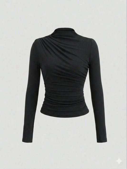 Sweetra Women's Plain Minimalist Casual Y2K Sexy Mock Neck Ruched Long Sleeve T-Shirt Fall Cloth For Women
