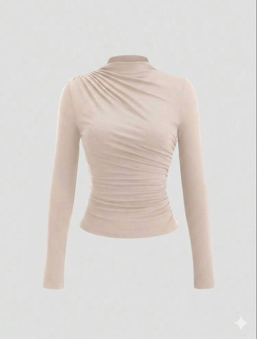 Sweetra Women's Solid Color Y2K Sexy Mock Neck Ruched Long Sleeve T-Shirt Fall Cloth For Women