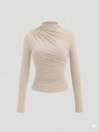 Sweetra Women's Solid Color Y2K Sexy Mock Neck Ruched Long Sleeve T-Shirt Fall Cloth For Women