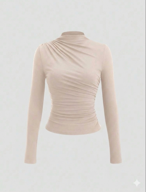 Sweetra Women's Solid Color Y2K Sexy Mock Neck Ruched Long Sleeve T-Shirt Fall Cloth For Women