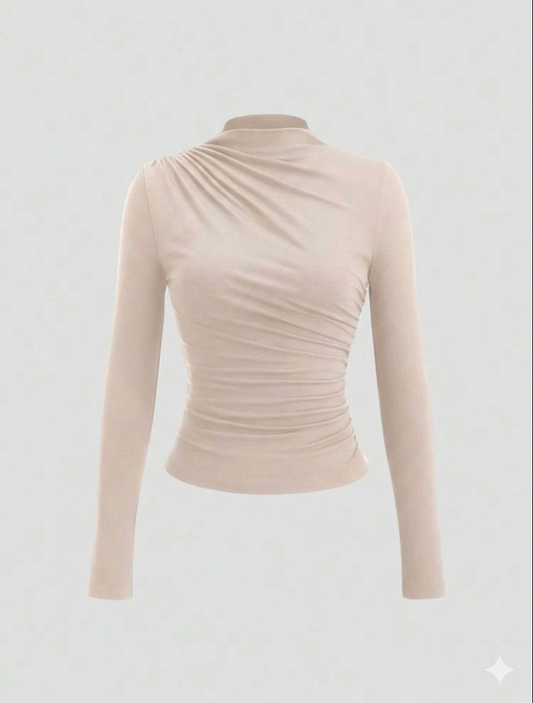 Sweetra Women's Solid Color Y2K Sexy Mock Neck Ruched Long Sleeve T-Shirt Fall Cloth For Women