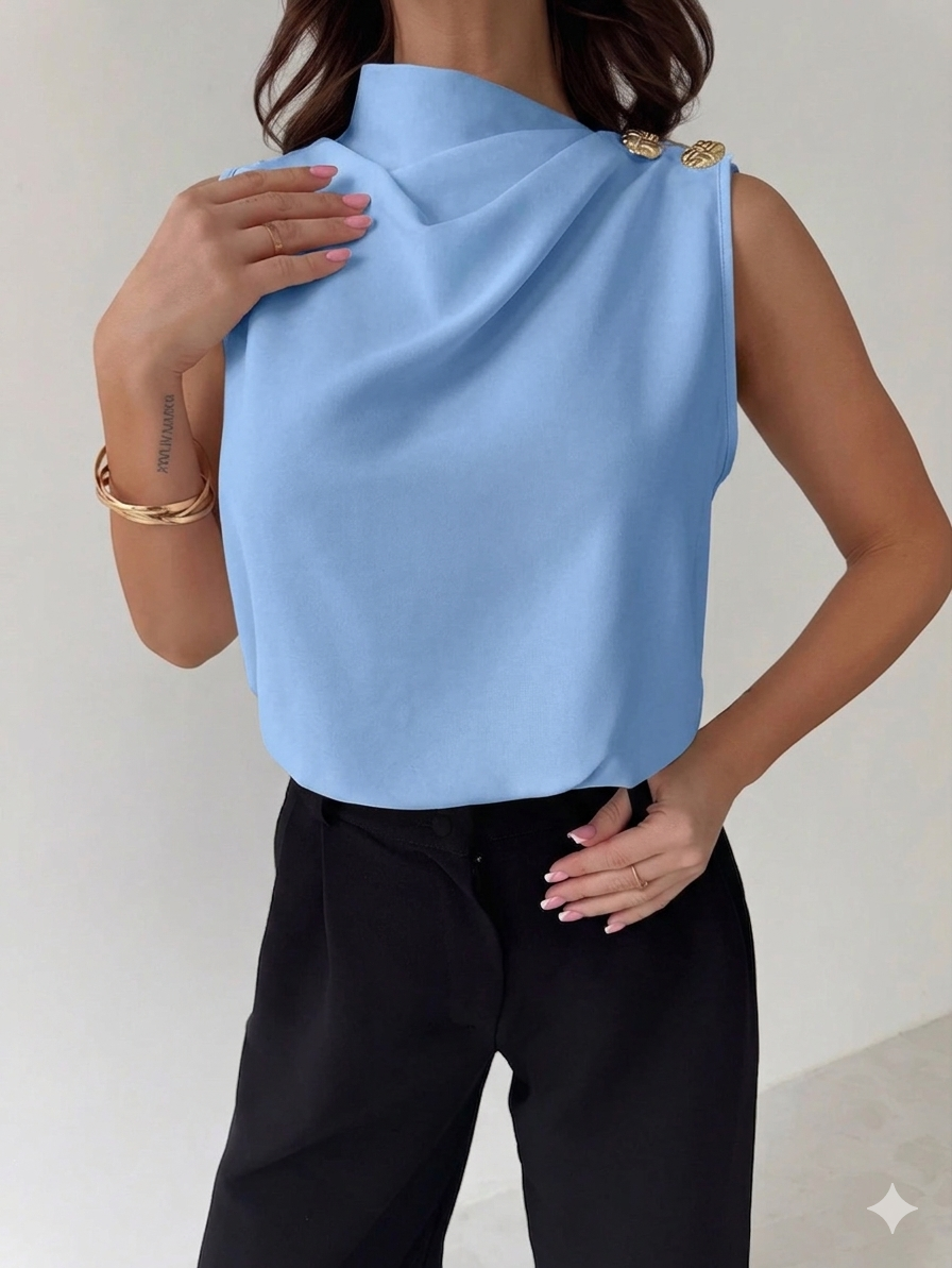 Firerie Elegant Asymmetric Pleated Collar Metal Button Sleeveless Fitted Dusty Blue Office Work Shirt