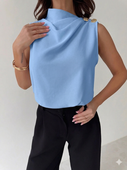 Firerie Elegant Asymmetric Pleated Collar Metal Button Sleeveless Fitted Dusty Blue Office Work Shirt