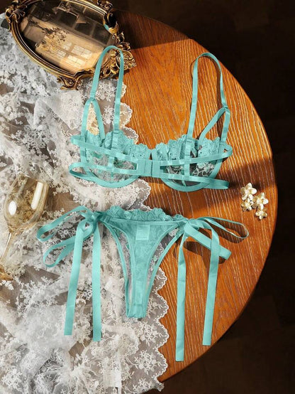 SHEIN 2pcs Sky Blue Embroidered Lace-Up Lingerie Set For Women