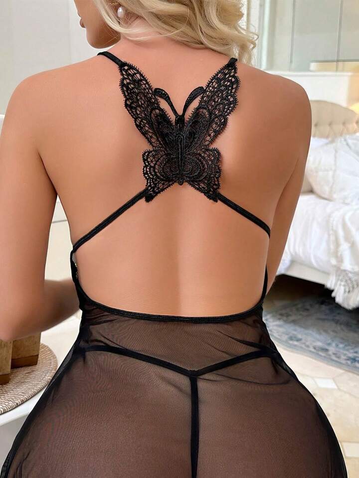 SHEIN Contrast Lace Mesh Babydoll Sexy Lingerie Dress With Thong