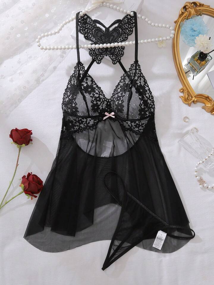 SHEIN Contrast Lace Mesh Babydoll Sexy Lingerie Dress With Thong