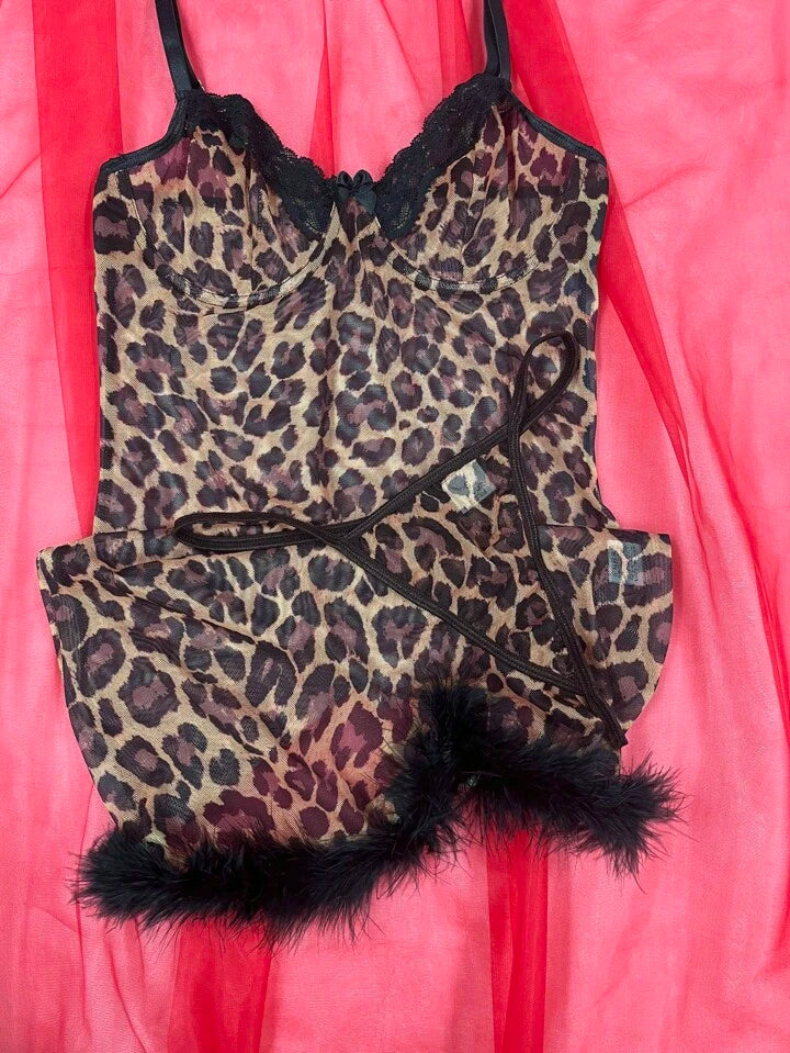 Bare Chapter 2 Pieces Set: Leopard Print Padded Camisole Nightgown + Thong