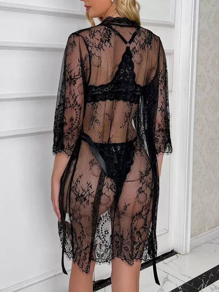 SHEIN رداء الدانتيل الأزهار مع رباطه يلبس فوق الملابس الداخلية