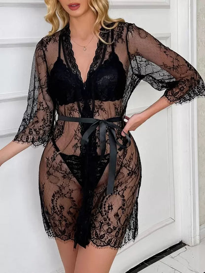 SHEIN رداء الدانتيل الأزهار مع رباطه يلبس فوق الملابس الداخلية