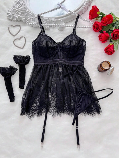SHEIN Sexy Lingerie Set (Underwire Slip Dress, Thong, 2 Pairs Fishnet Stockings) 3pcs