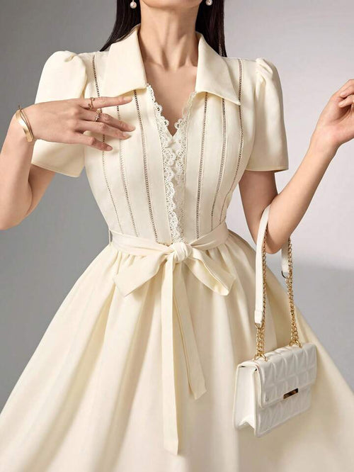 Heiryn Robe Mi-Longue Élégante Pour Femmes Avec Manches Bouffantes De Couleur Unie