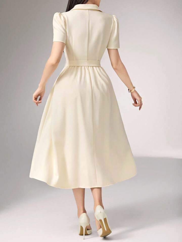 Heiryn Robe Mi-Longue Élégante Pour Femmes Avec Manches Bouffantes De Couleur Unie